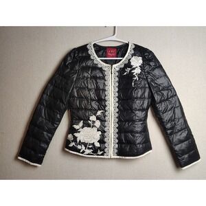 MOZEN‎ Puffer Jacket Embroidered Floral Lace Trim Lightweight Black Size M